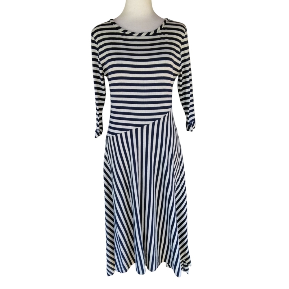 Soft Surroundings Striped Ribbed Navy & White Asymmetric Hem Dress Size Small - Picture 2 of 10